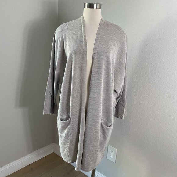 Donni Anthropologie Plus One Size Gray Striped Open Mid Length Duster Cardigan - Picture 2 of 10